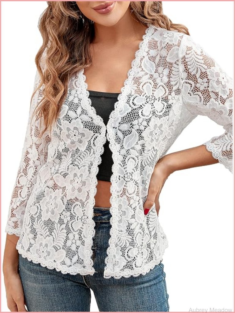 3/4 Sleeve Lace Bolero Shrug Open Front Crochet Cardigan